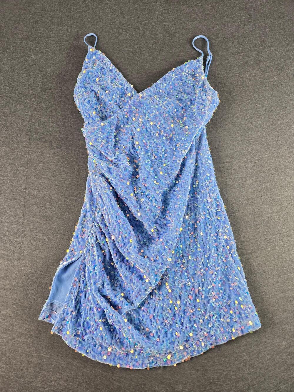 Lucy In The Sky Dress Womens Medium Blue Sequin Bodycon Mini Slip Party Festival